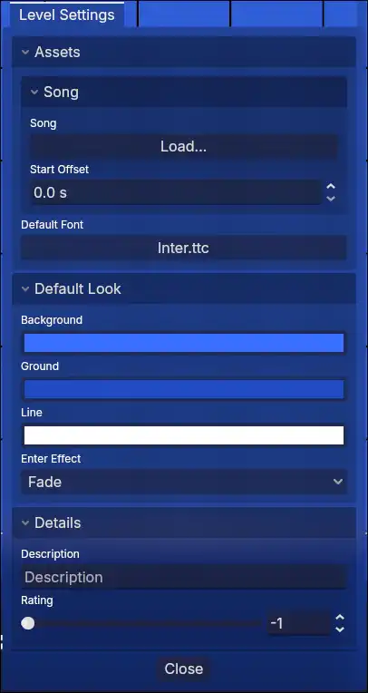 A screenshot of the level settings menu